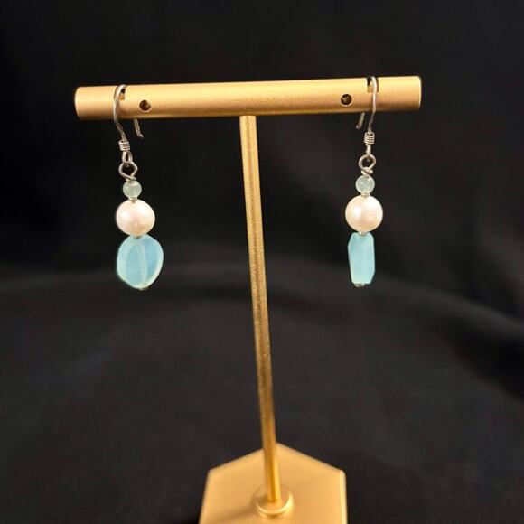 Freshwater Pearl & Aqua Glass Bead Drop Earrings Handmade Silver-Tone Dangle - Picture 8 of 8